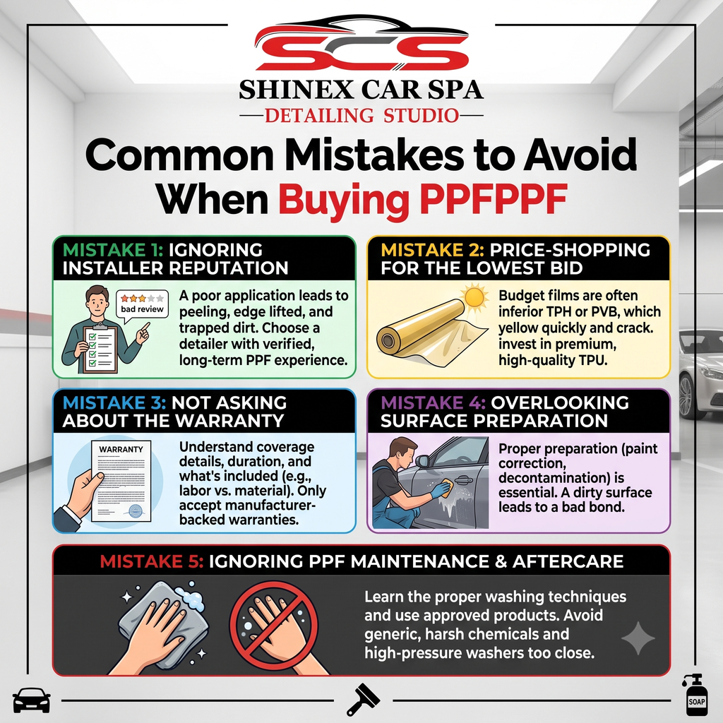 "Common mistakes to avoid when buying car paint protection film PPF infographic by Shinex Car Spa"