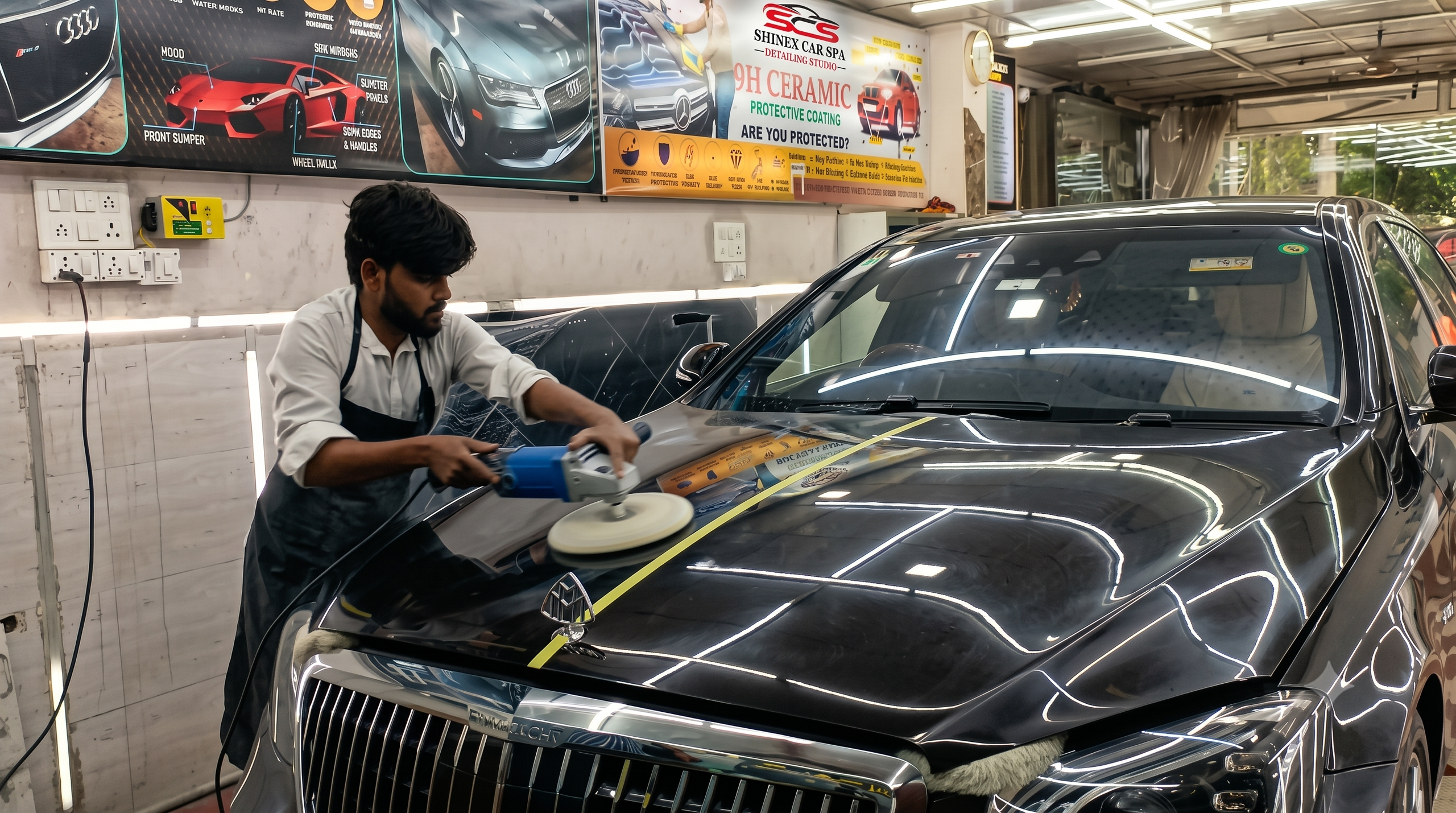 Split view of car hood showing swirl marks versus professional paint correction by Shinex Car Spa Steam Car Wash