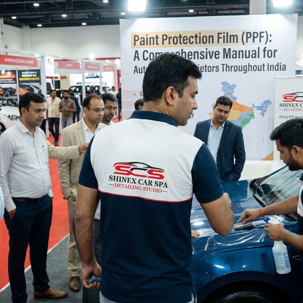 In the foreground, a man wears a black polo shirt that features the text "PPF" and a logo for Shinex Car Spa on the back. A small, round, white sticker with the Shinex Car Spa logo is also in the bottom-left corner of the image.
